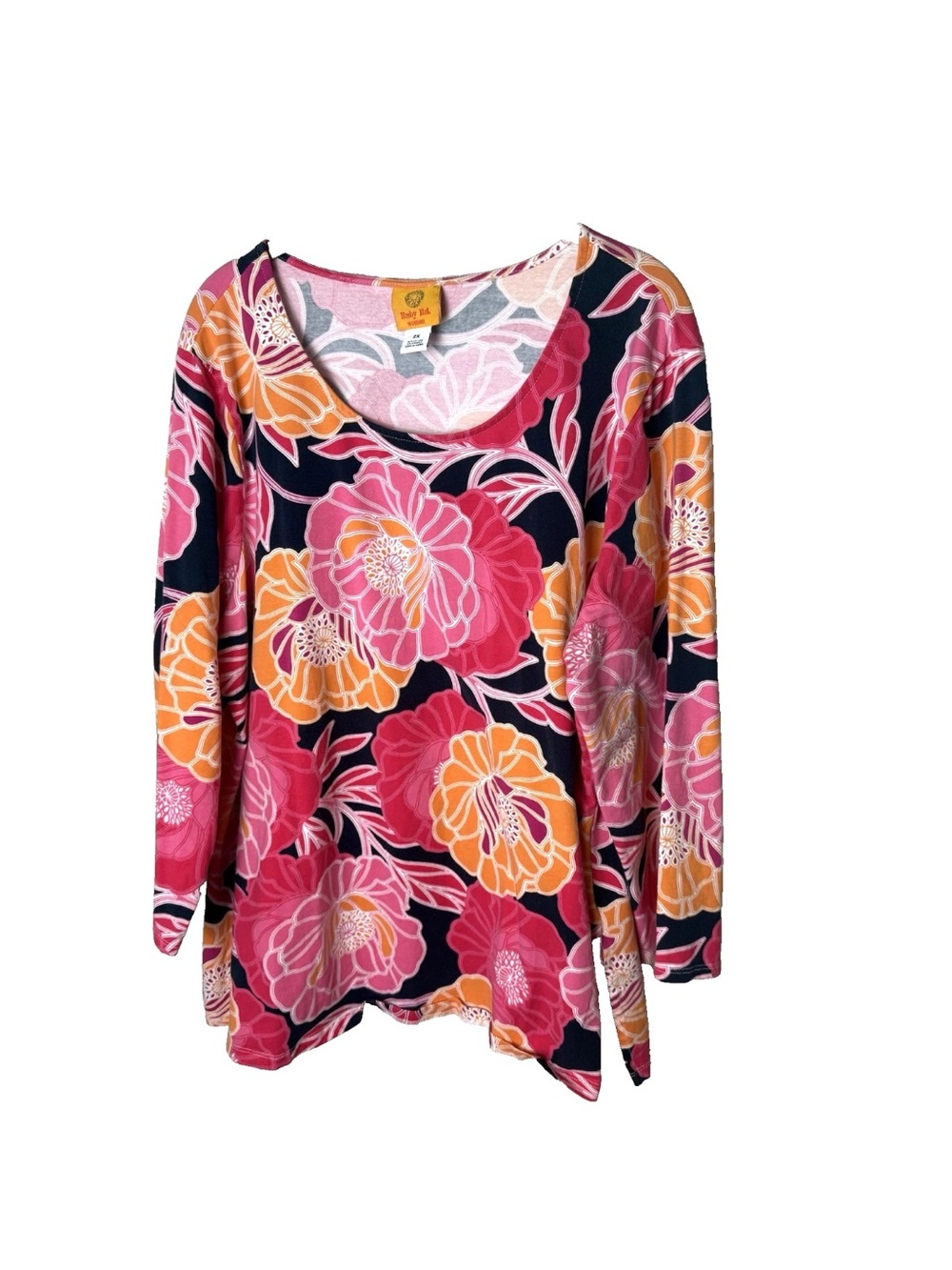 Ruby Rd. Top Plus Size 2X Floral 3/4 Sleeves Cotton Blend Stretch Navy Blue Pink